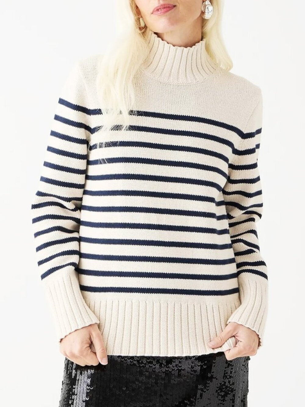New J.Crew 100% Cotton Mock Neck Striped Sweater Cream Navy XXL $118